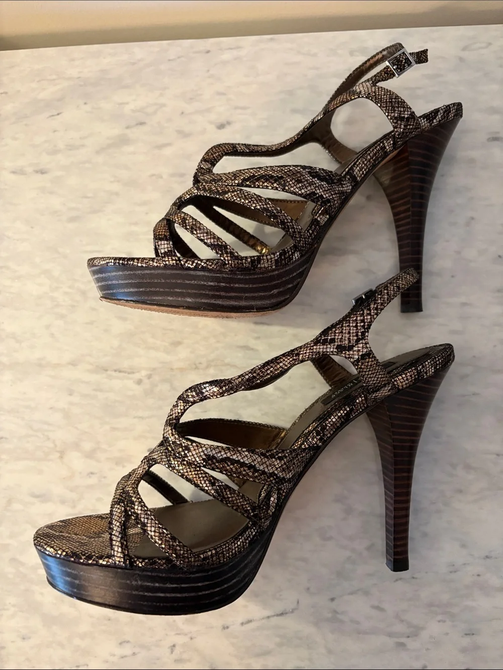 White House Black Market Brown Snake-Print Strappy High Heel Sandals
